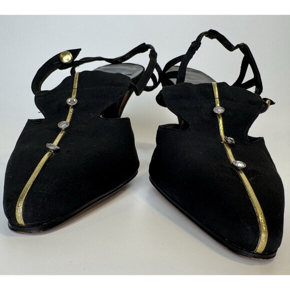 Vintage Manolo Blahnik Size 37 6 Heels Slingback Pointy Black Gold Fabric - Picture 5 of 16